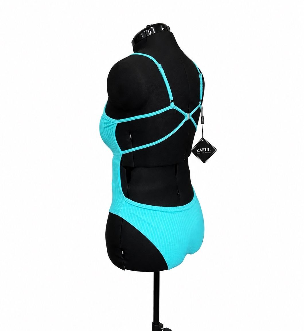 Zaful Light Blue Thin Strap, Open Back Ribbed One Piece Swimsuit (M)