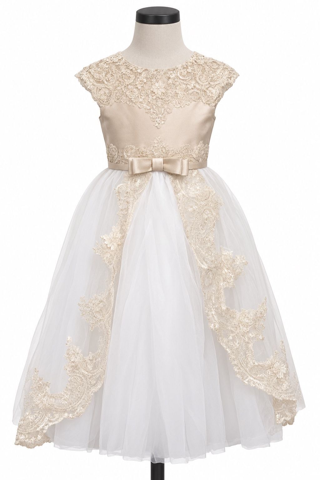 Gold & White Flower Girl Long Lace Puffy Tulle Ball Gown (Size 6-7 Y)