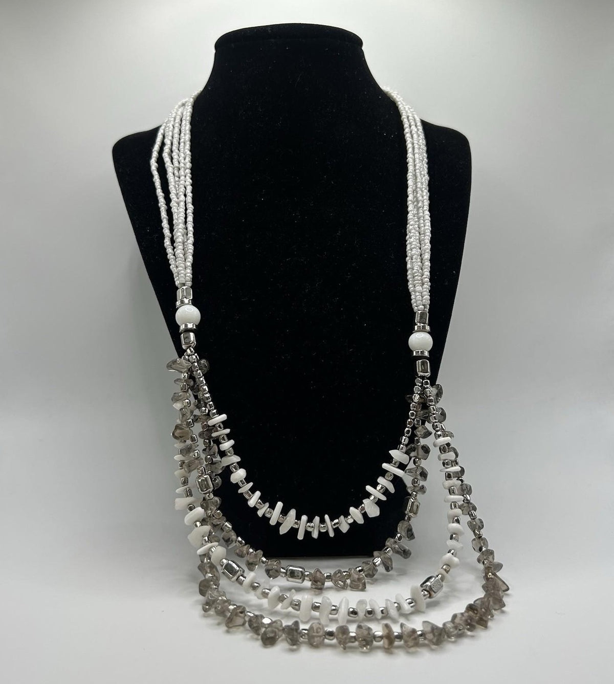 Christopher & Banks White & Silver Long Beaded Statement Necklace