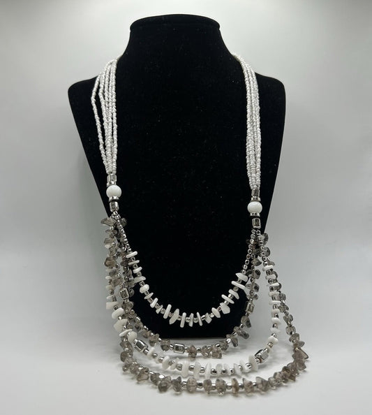 Christopher & Banks White & Silver Long Beaded Statement Necklace