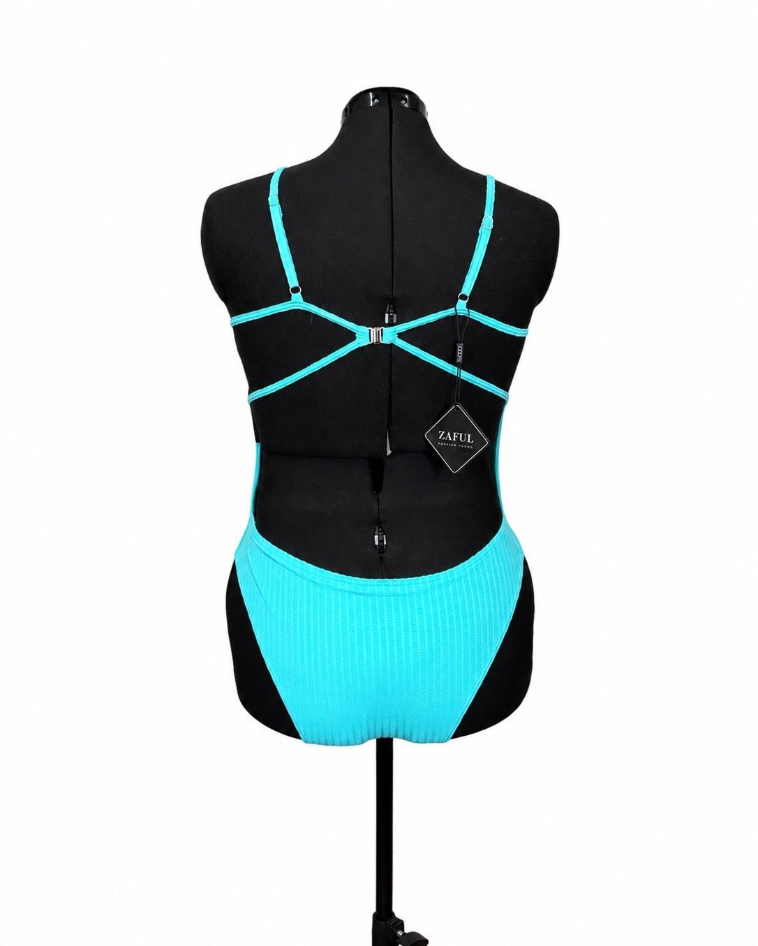 Zaful Light Blue Thin Strap, Open Back Ribbed One Piece Swimsuit (M)