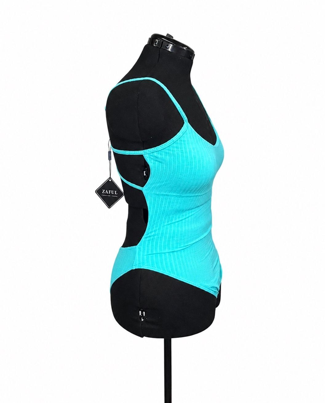 Zaful Light Blue Thin Strap, Open Back Ribbed One Piece Swimsuit (M)