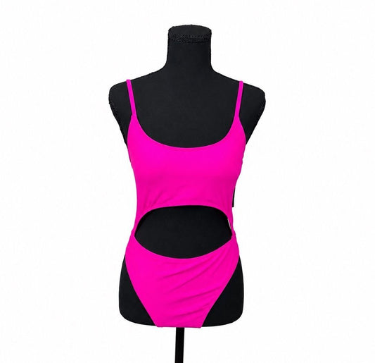 Meyeeka Hot Pink Scoop Neck Cut Out Lace Up Back High Cut One Piece Swimsuit (M)